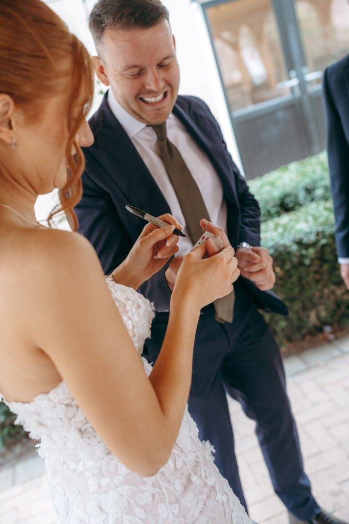 Libby & Tyler's wedding at The Hidden Oak, County Durham — confetti, drinks and guests socialising